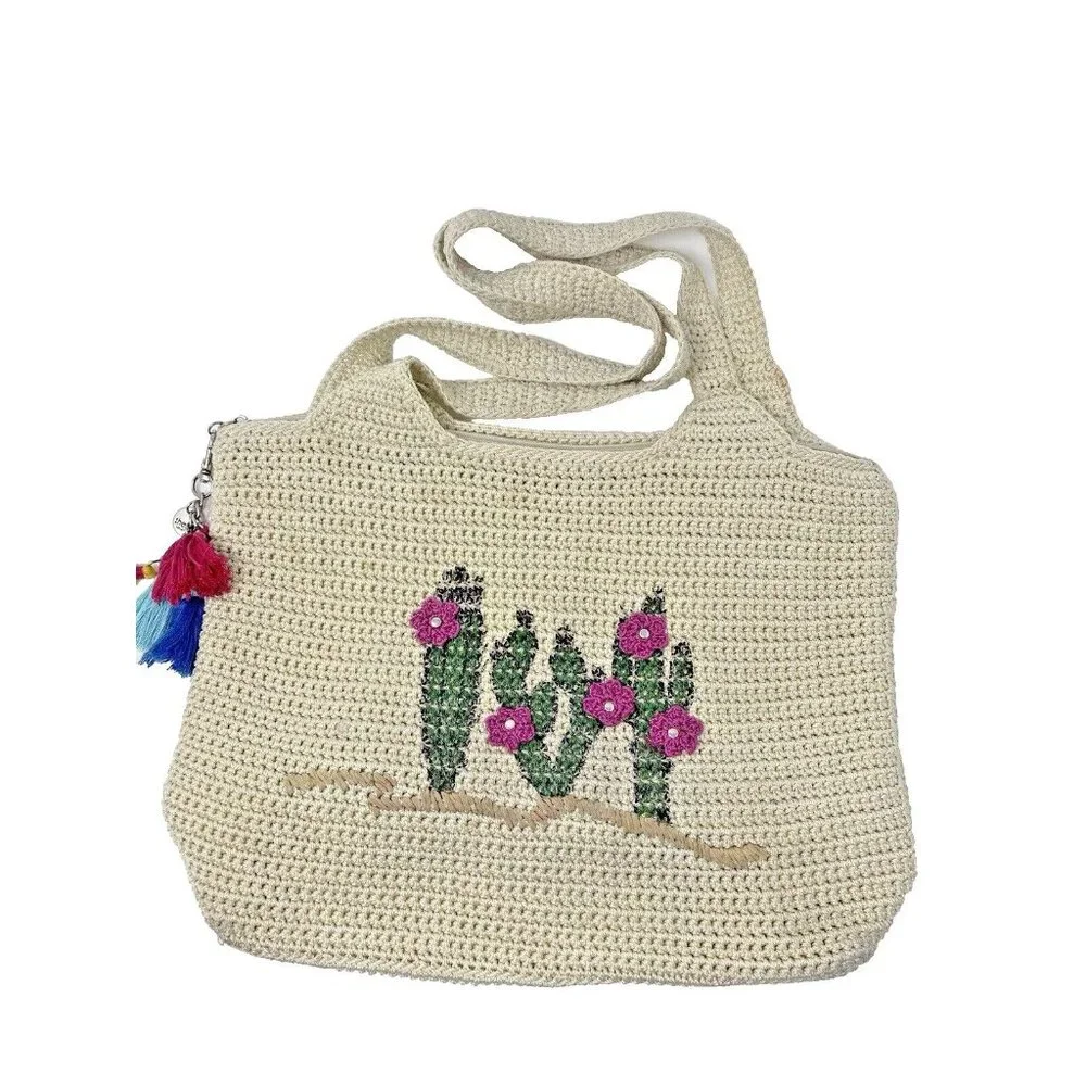 The Sac Ecru Crochet Cactus Flower Hobo Shoulder Bag Tassel Bag Charm Purse - Picture 8 of 8
